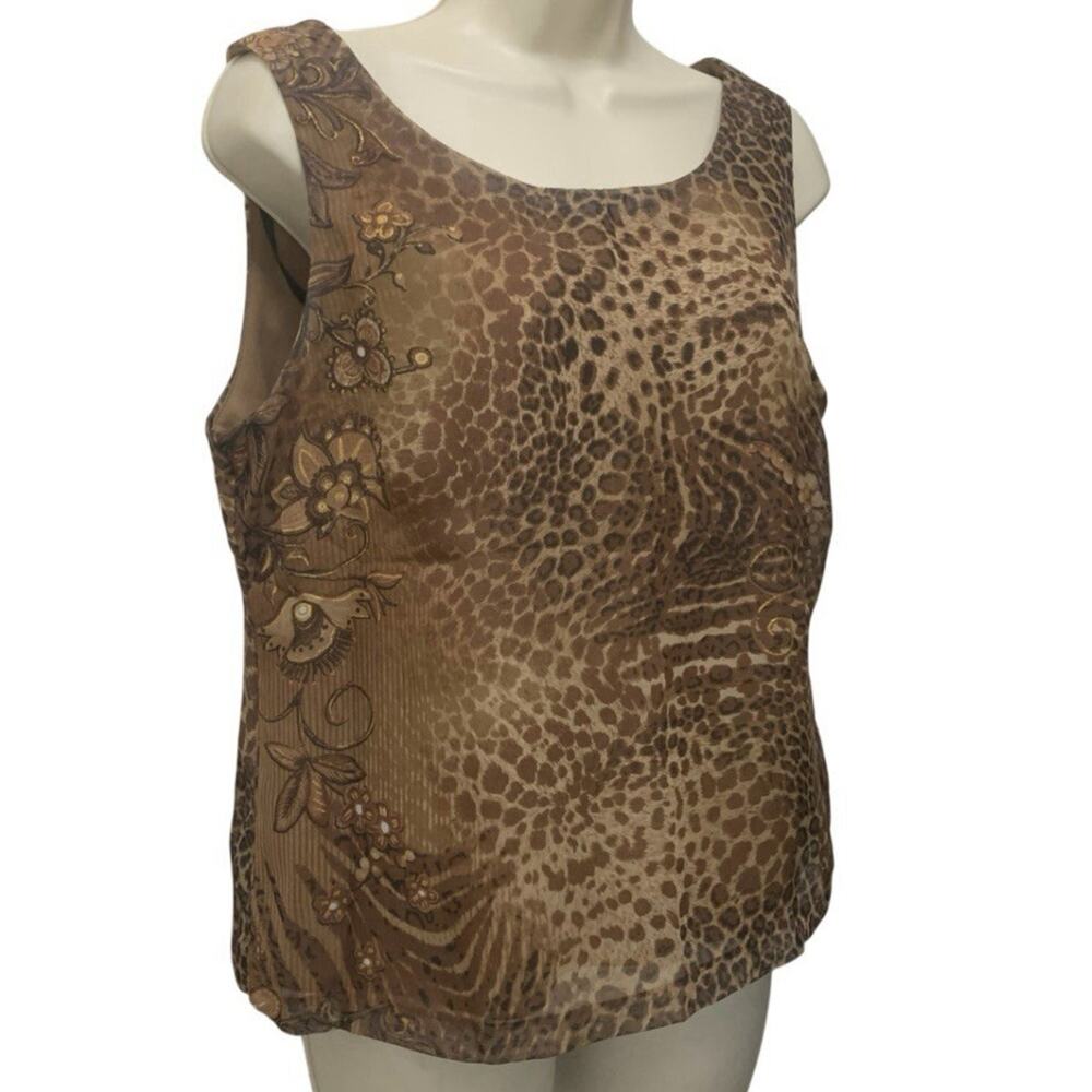 Madison Leigh Y2K Womens Tank Top Sz 10 Sheer Brown Animal Print Floral Gold